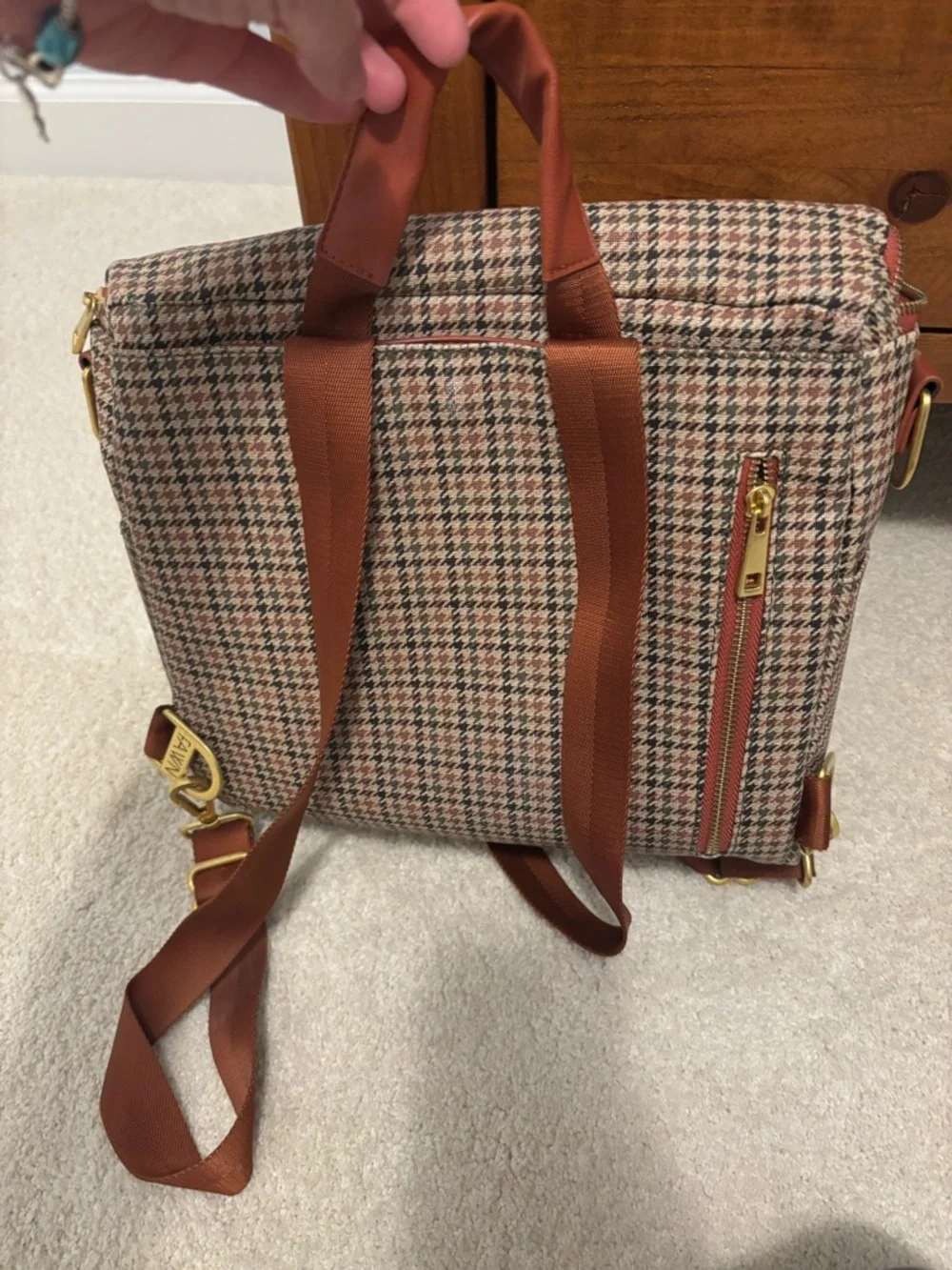 Fawn Design Plaid Convertible Backpack in Brown and Tan with Rust Trim